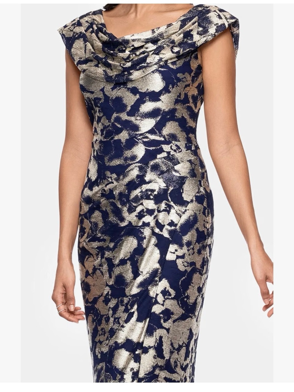 Betsy & Adam Navy One-Shoulder Dress with Gold Floral Jacquard